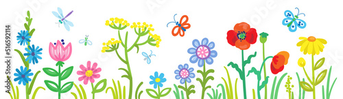Children's drawing. Beautiful flowers and butterflies. In cartoon style. Isolated on white background. Vector illustration