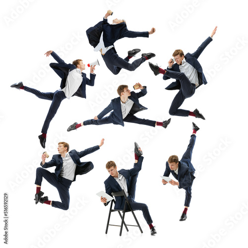 Set of images of young man, male office worker wearing black suit jumping, dancing and meditates with folders, coffee, tablet on white background.