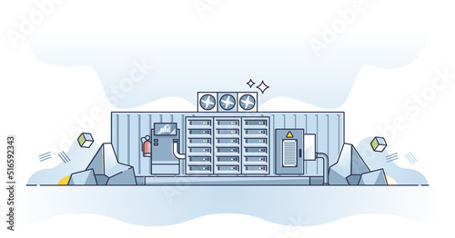 Data center facility and information storage database servers outline concept. Datacenter hardware container with cooling equipment vector illustration. Data hosting service with backup terminal.