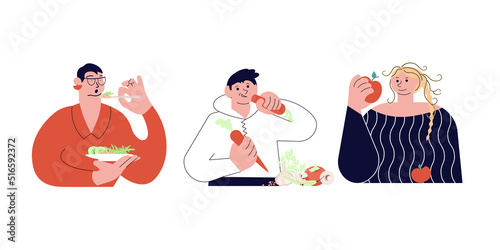 Set of different people eat healthy dishes