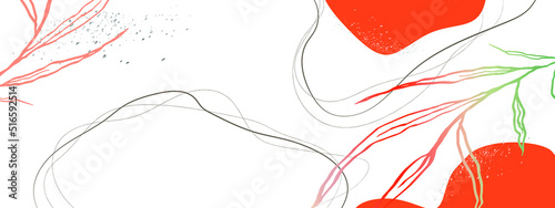 Abstract template for placing text. Horizontal modern background with orange abstract shapes, lines, tropical plants, leaves.