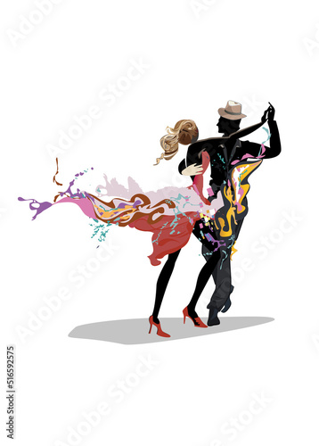 Abstract dancing couple decorated with splashes, waves, notes. Hand drawn vector illustration  for t shirts, covers,  wallpaper, greeting cards, wall-art, invitations.