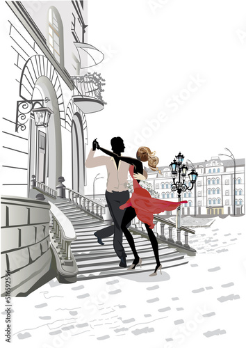 Series of colorful retro street views with fashion people in the old city. Hand drawn vector architectural background with historic buildings. Romantic couple in passionate Latin American dances. 