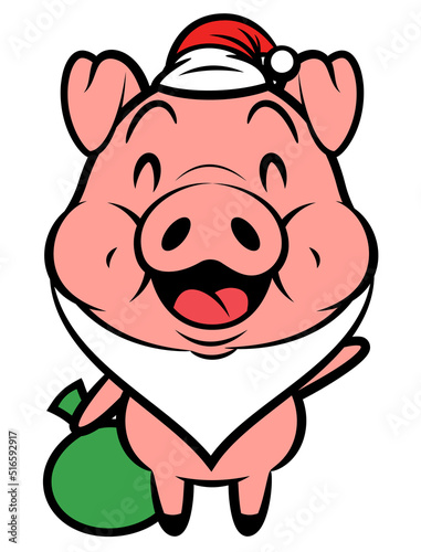 Cartoon illustration of Funny Piglets wearing santa claus costume like white beard and santa cap, and carrying A sack of gift to delivered for a good kids