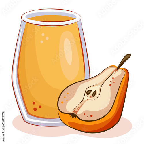 chopped pear with a glass of fresh juice or smoothie. orange yellow color design element for menus and presentations. diet healthy vegetarian raw, low calorie snack. vector isolated on white