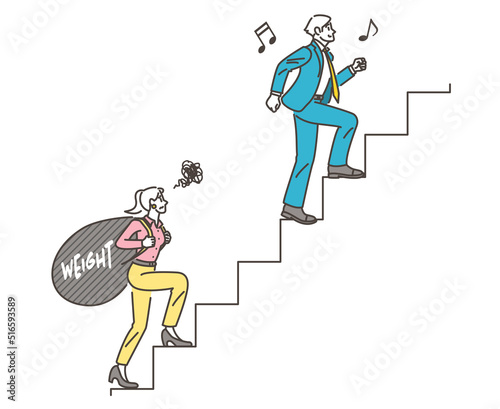 Man and woman going up the stairs. Concept of gender inequality, housework and childcare burden [Vector illustration].