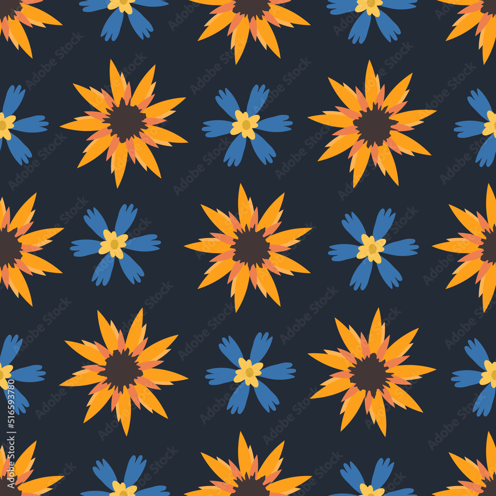 Seamless pattern of wild summer flowers such as cornflower and sunflower. Seamless pattern of wild summer flowers such as cornflower and sunflower.