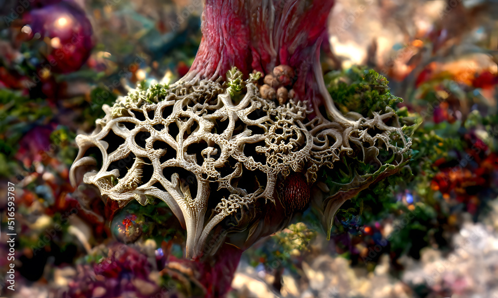 Artistic conception of a twisted fractal root suspended from a tree in different colors. Digital art style, illustration painting.