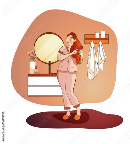 Daily routine. Woman combing hair
