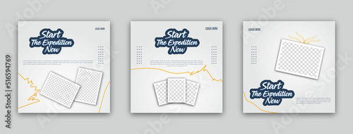 Start the expedition now travel agency social media editable post template design set of web banner. web banner ads for travel promotional posts for social media ads.