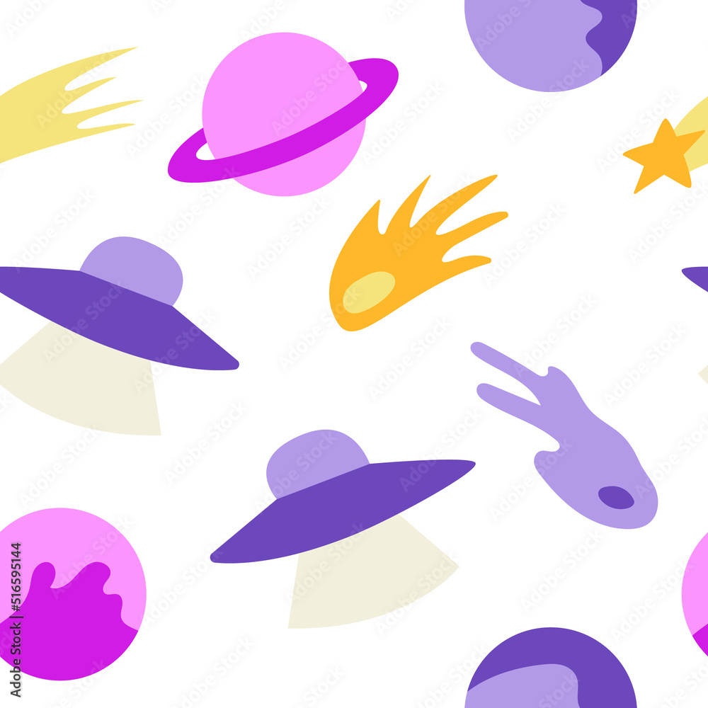 Seamless pattern with cute planets, stars and alien ships. Cosmic vector background. Hand drawn space elements