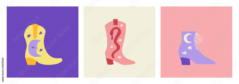 Set of various cowboy girl boots. Wild west, western, texas hand drawn vector trendy illustration. 