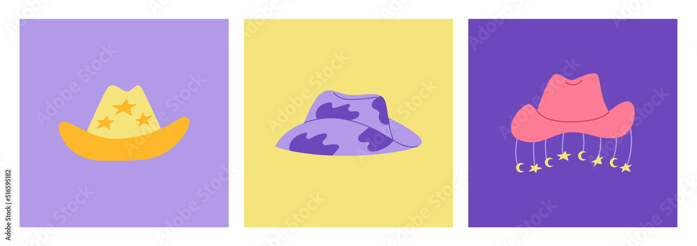 Set of illustrations with various colorful cowboy hats. Vector flat illustration with cowgirl hats with stars and cow print Set of illustrations with various colorful cowboy hats. Vector flat illustration with cowgirl hats with stars and cow print
