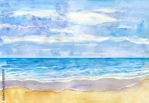 Watercolor beach and beautiful tropical sea