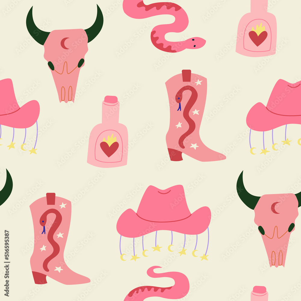Western seamless pattern with snakes, rum bottle,  bull skull skeleton, cowgirl hat and boots. Cute vector background in wild west, mystical style. 