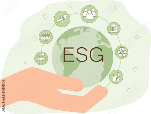 ESG icon concept in the hand for environmental, social, and governance in sustainable and ethical business on the Network connection on a green background