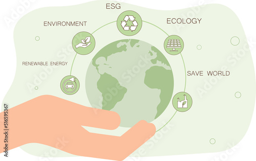 Hand holding a green globe in the concept of nature about management esg, sustainability, ecology and renewable energy for save the world environmental and conservation