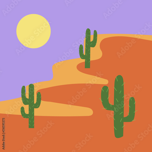Abstract poster in western style. Vector flat illustration of wild west landscape with desert, mountains, cactus and sun. Contemporary art print template