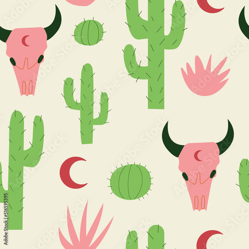 Seamless pattern with bull skull skeleton, cactuses, moon and grass. Wild west, western vector background. 
