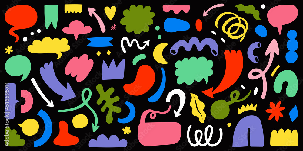 Speech bubbles, arrows and abstract colored shapes collection. Doodle conversation, think clouds. Symbol set.