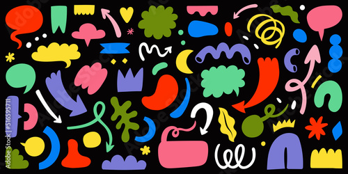 Speech bubbles, arrows and abstract colored shapes collection. Doodle conversation, think clouds. Symbol set.