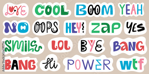 Lettering sticker colored phrases collection. Love, cool, boom, yeah, oops, zap, lol, bye, bang, wtf etc. Hand drawn trendy vector illustration