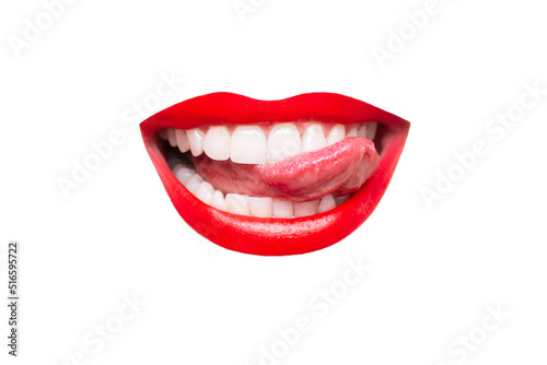 Woman s smiling mouth with red glossy lips showing tongue isolated on a white background. Smiles  joy  laughter  positive emotions. Trendy collage in magazine style. Contemporary art. Modern design