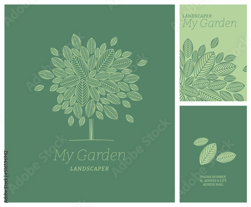 Image de marque, logo pour paysagiste, créateur de jardin, jardinier, urbaniste, pépiniériste. Illustration vectorielle modifiable, couleurs et textes, mock-up papeterie, panneaux, habillage camion