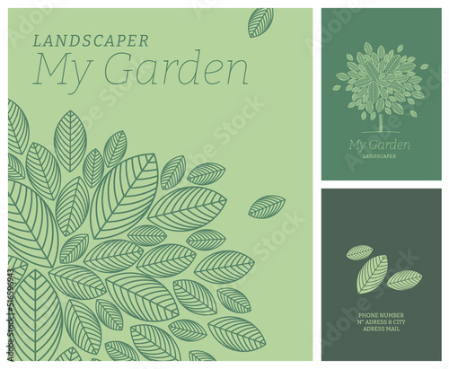 Image de marque, logo pour paysagiste, créateur de jardin, jardinier, urbaniste, pépiniériste. Illustration vectorielle modifiable, couleurs et textes, mock-up papeterie, panneaux, habillage camion
