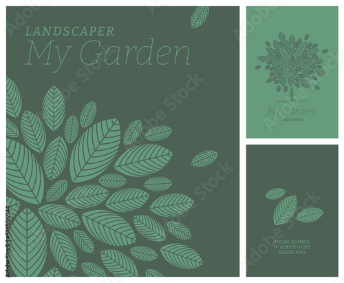 Image de marque, logo pour paysagiste, créateur de jardin, jardinier, urbaniste, pépiniériste. Illustration vectorielle modifiable, couleurs et textes, mock-up papeterie, panneaux, habillage camion