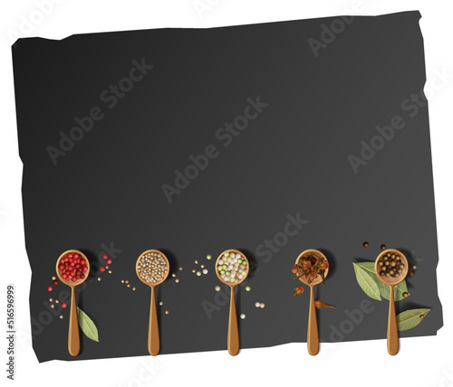 composition of wooden spoons. A black modern cutting board with a highlighted stone texture. vector realistic drawing, without background. Perfect for any advertisement, showcase, menu or board