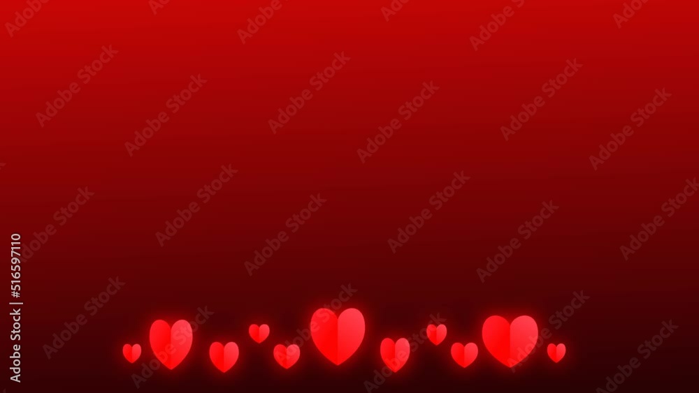 At the bottom, on a red gradient background, red glowing hearts appear and disappear. Animation hearts for the holiday with free space for your design. At the bottom, on a red gradient background, red glowing hearts appear and disappear. Animation hearts for the holiday with free space for your design.