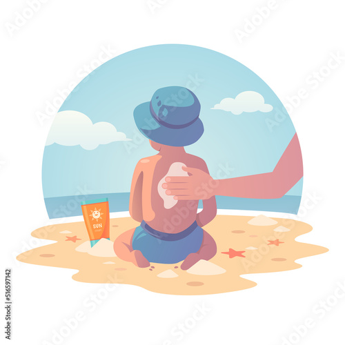 Young kid on the beach protected by sunscreen. Protect your kid from UV with sunscreen
