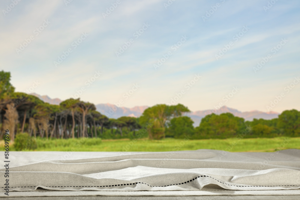 Fototapeta premium Desk of free space and summer landscape 
