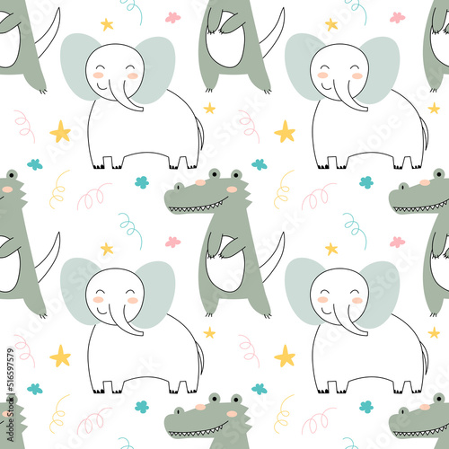 Photography Party vector pattern with animals, cute children s wallpaper African animals, elephant and crocodiletropical print