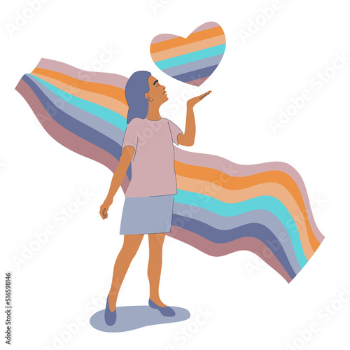 Woman coming out concept. Girl on pride LGBT rainbow ribbon background blow a kiss of rainbow heart. Freedom, love and pride.