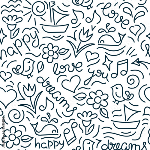 Doodle hand drawn seamless pattern. Words  phrases about love  hearts . Black and white Vector illustration for fabric  wrapping paper