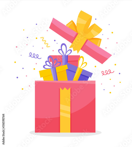 Gift colored boxes. Surprise in the pink gift box. Birthday celebration, give away package, loyalty program reward. Vector illustration unusual gift idea concept