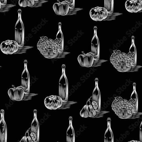 chalk bottle of Wine, cider, drink vector seamless pattern isolated on black background. Concept for menu, cards, print, cafe