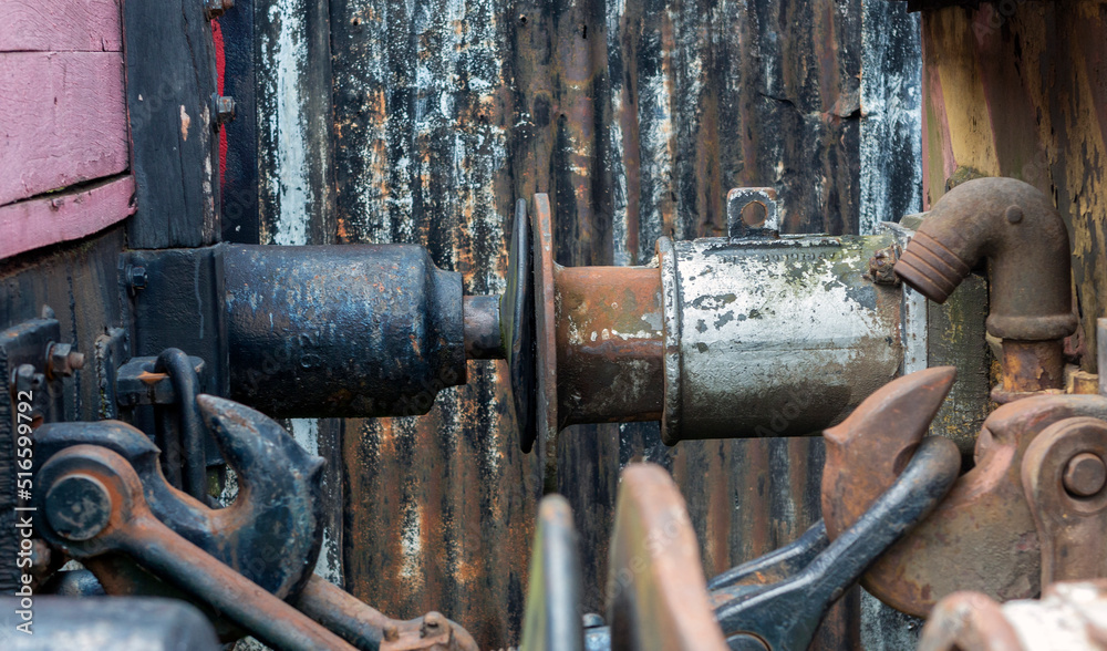 Old rusty iron coupling between two train carriages. Wagon buffers. Old rusty iron coupling between two train carriages. Wagon buffers.