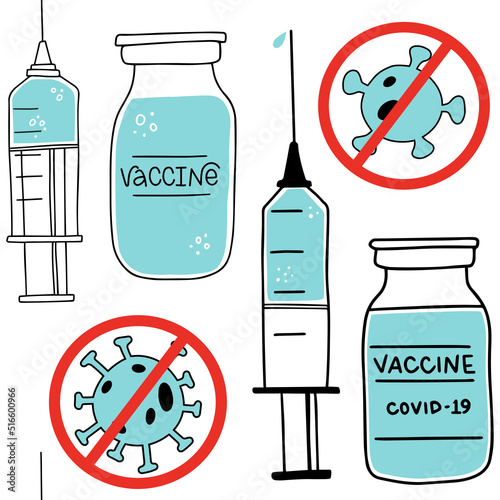 Seamless pattern. Ampule, syringe with injection, Coronavirus bacteria cell. Concept for getting vaccination from 2019-ncov, herd immunity. Vaccine distribution for general population.