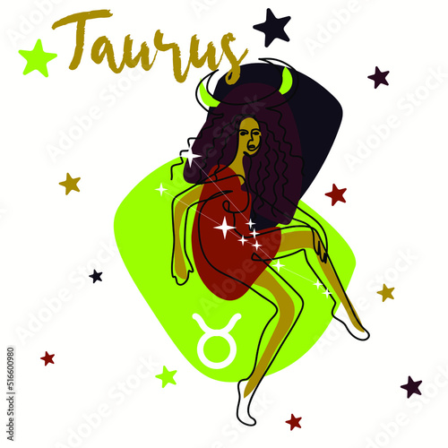 Taurus is a constellation of the zodiac sign. A girl in a modern style with colored spots and contour lines of the model's silhouette. Graphic Printing 