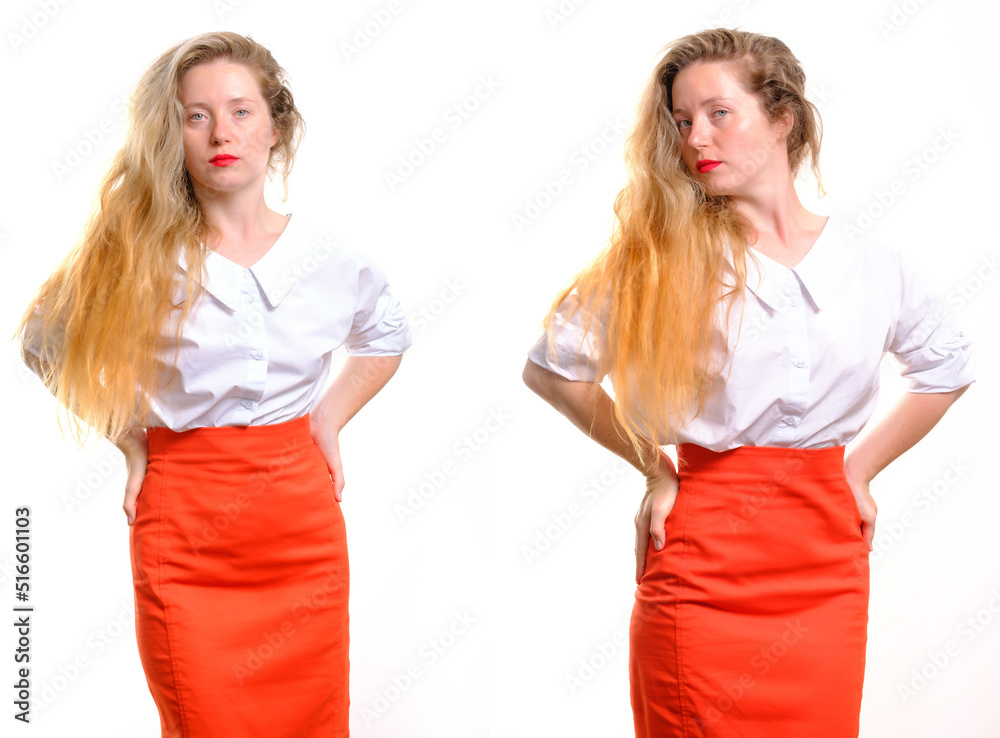 business woman with long hair in a white blouse and an orange skirt over her head on a white background business woman with long hair in a white blouse and an orange skirt over her head on a white background