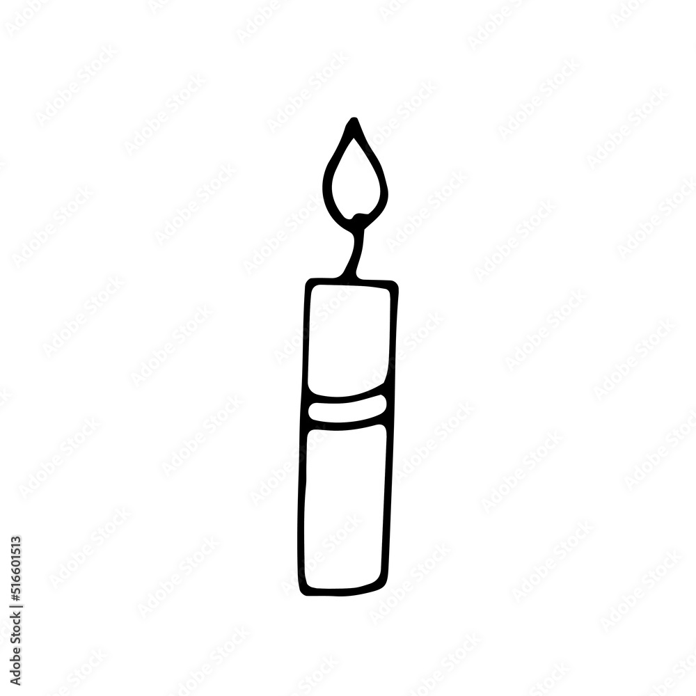 Candle. Flame. Wax. Vector. Doodle. Drawn by hand. Sketch. Silhouette. Black and white. Contour. Coloring