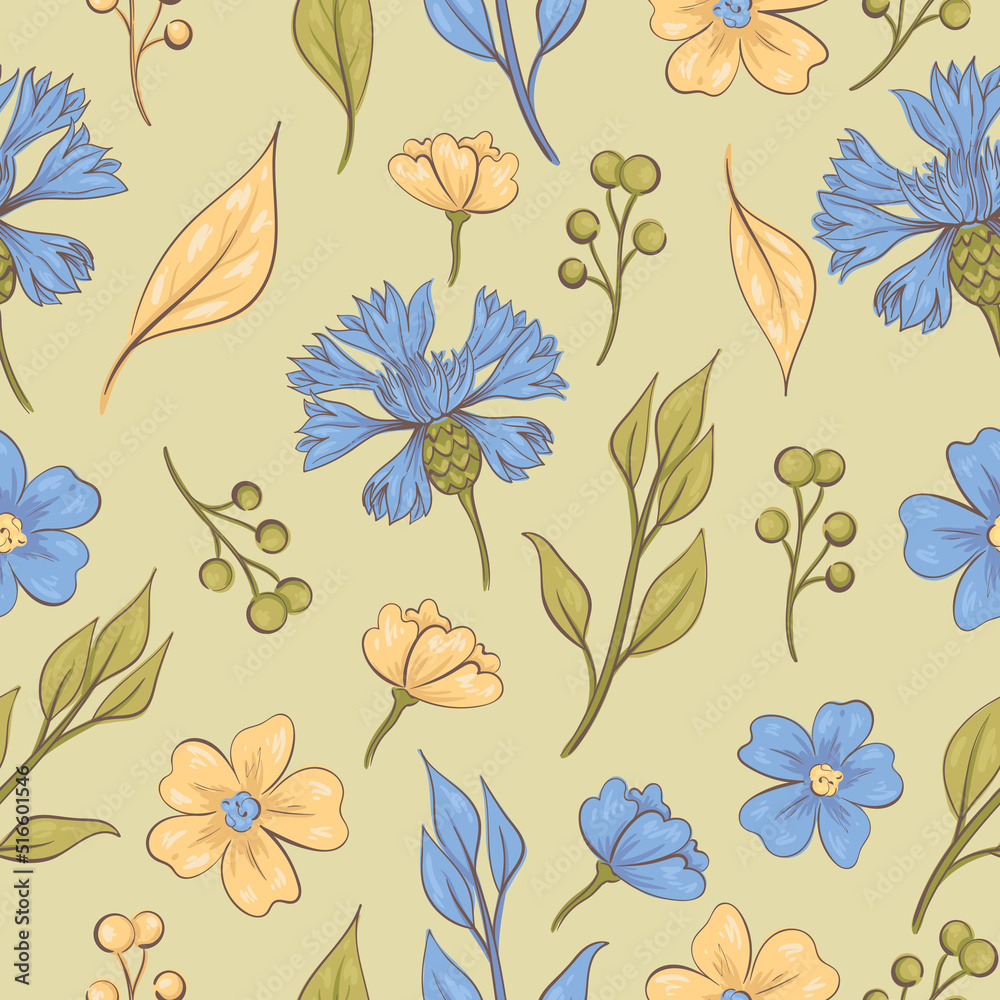 Seamless floral pattern with yellow and blue flowers