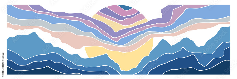 Stylization of mountain landscape, ridges and sunset sky, vector illustration