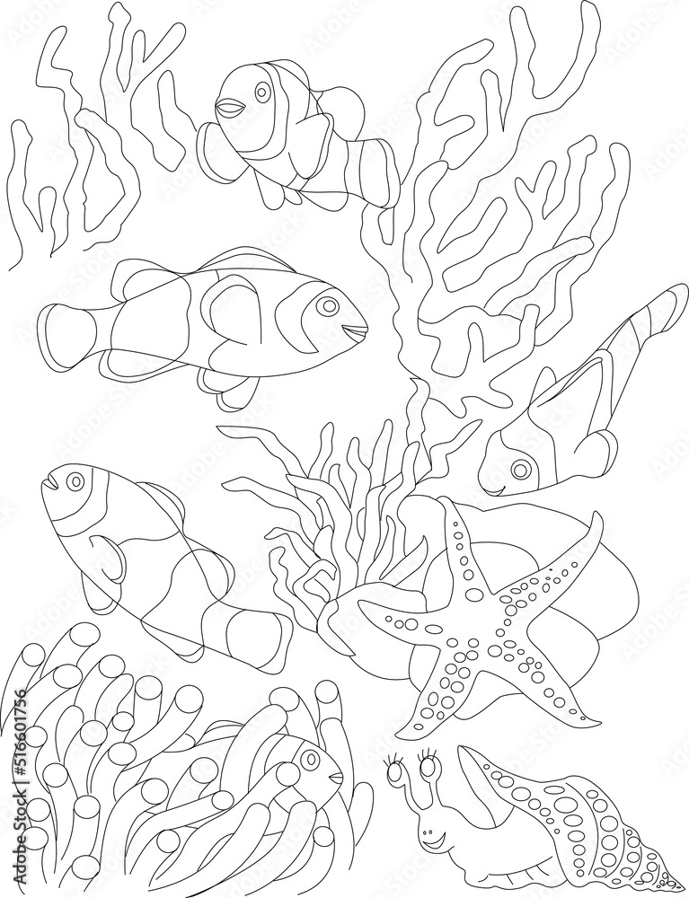 Vector coloring book for children. Coral fish