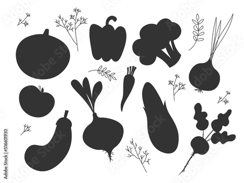 Set black silhouette various vegetables on a white background. Abstract design logo. Logotype art - vector EPS