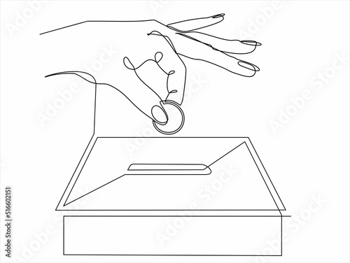 Continuous line drawing of hand giving money coin to give charity donate. Vector illustration