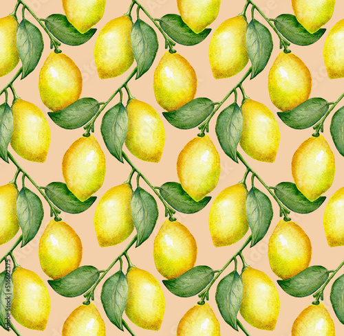 Watercolor seamless pattern of ripe yellow lemons with leaves and lemon tree branch on light beige background